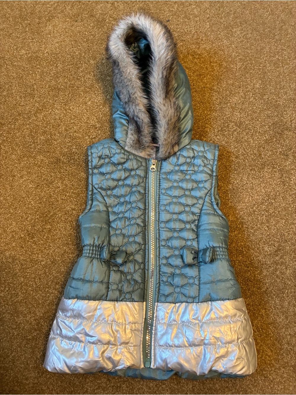 Little Lass Teal Quilted Hooded Vest with Silver Trim and Faux-Fur Hood Size 5